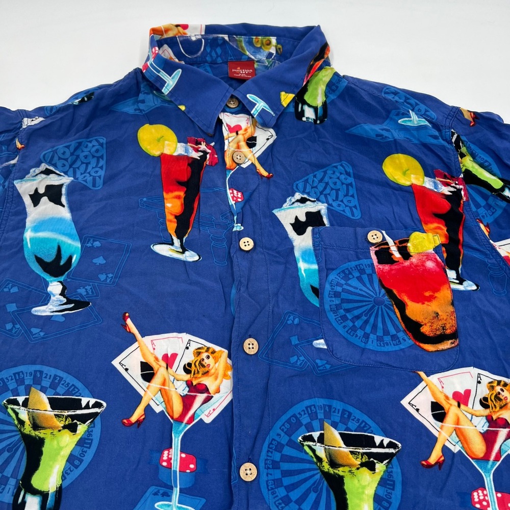 Junction West Mens XXL Casino Pin Up Cocktail Rayon Hawaiian Shirt Blue Retro - Picture 3 of 11